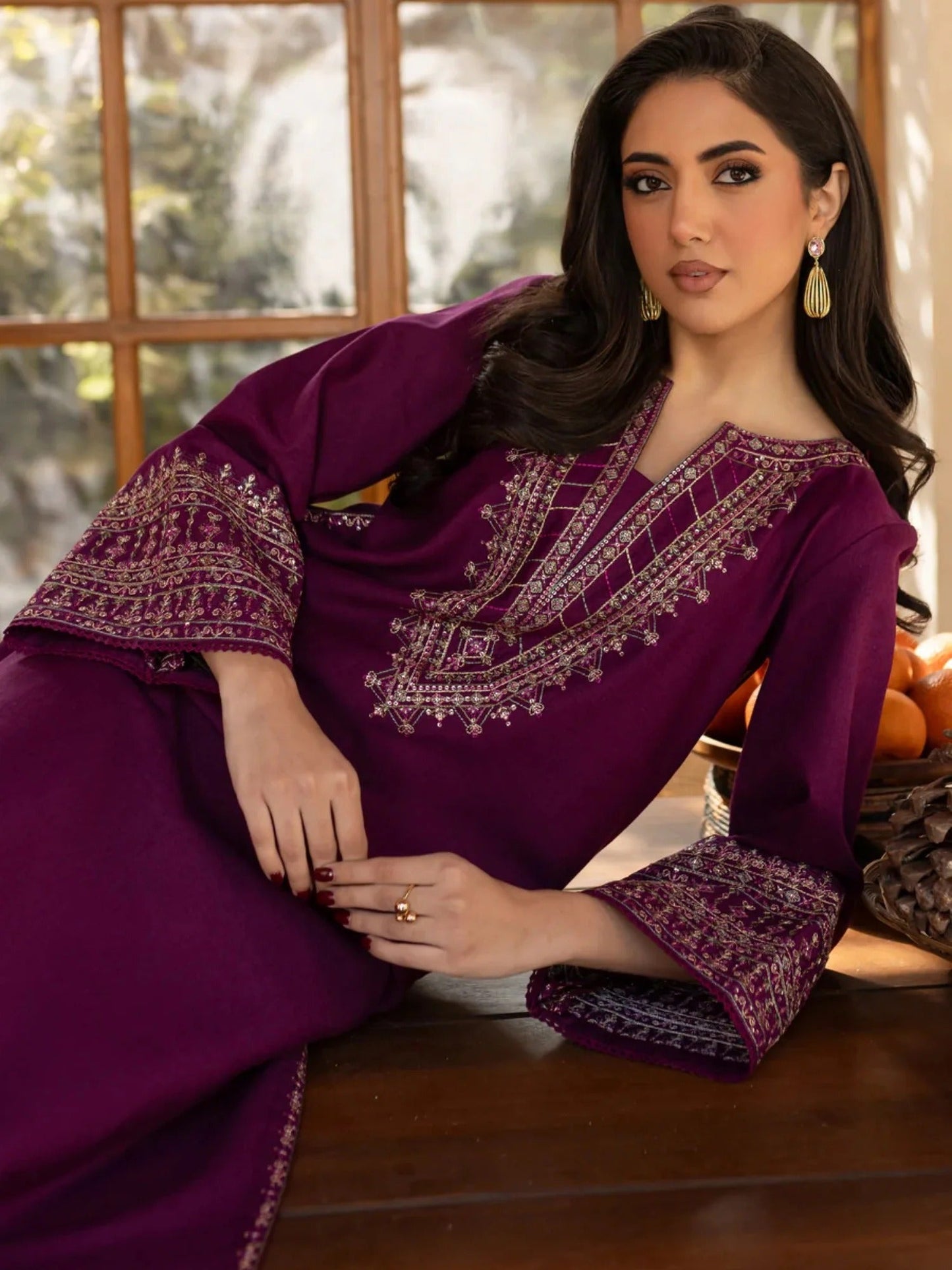 Purple- Silai Libas Linen Embroidered Kurta Set-Purple Iris