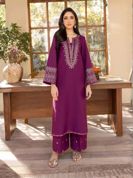 Purple- Silai Libas Linen Embroidered Kurta Set-Purple Iris