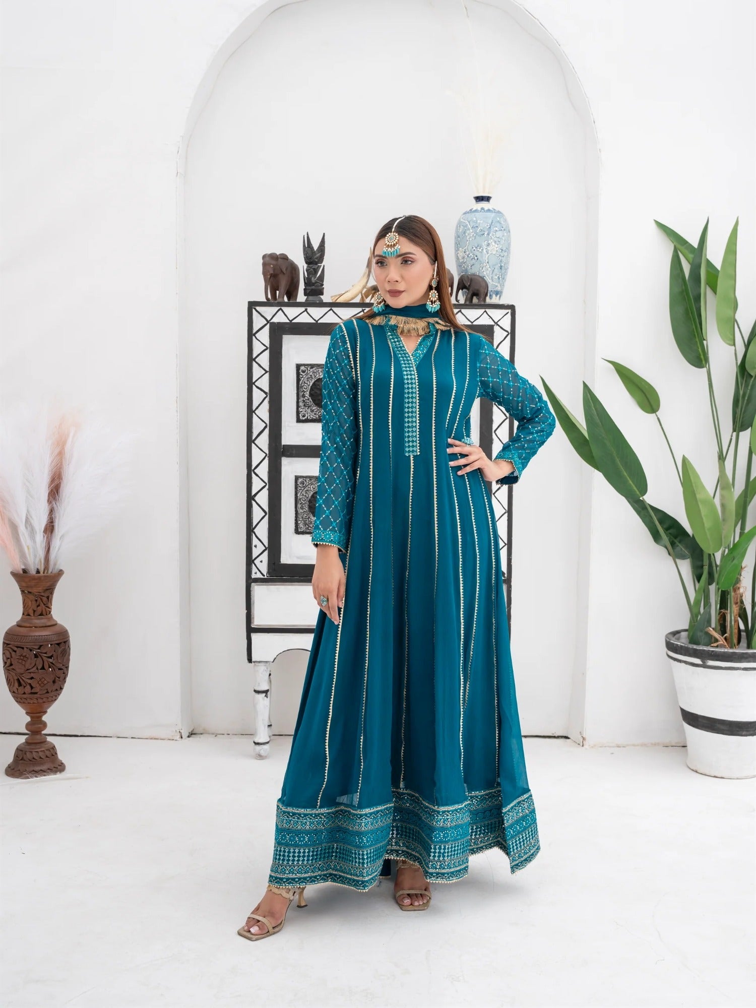 Manahil Arts Chiffon Embroidered Stitched 3-Piece Suit-Kurti 106-Teal