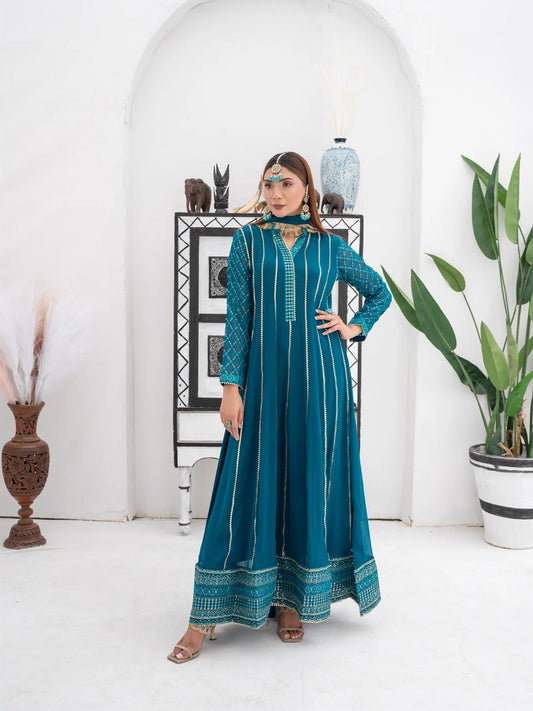 Manahil Arts Chiffon Embroidered Maxi-Kurti 106-Teal