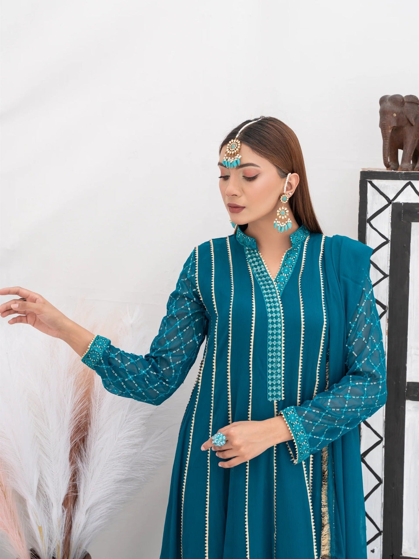 Manahil Arts Chiffon Embroidered Stitched 3-Piece Suit-Kurti 106-Teal