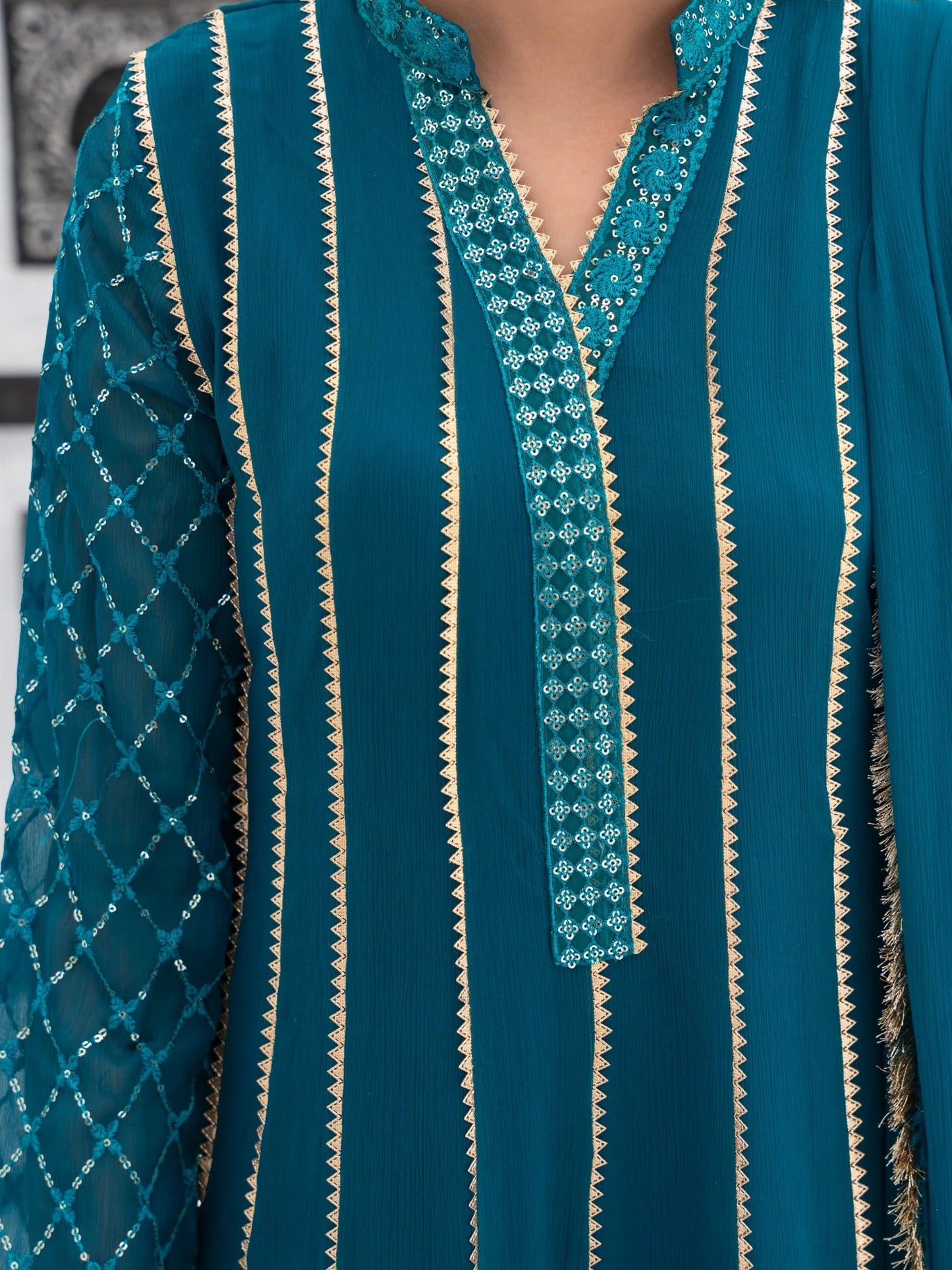 Manahil Arts Chiffon Embroidered Stitched 3-Piece Suit-Kurti 106-Teal