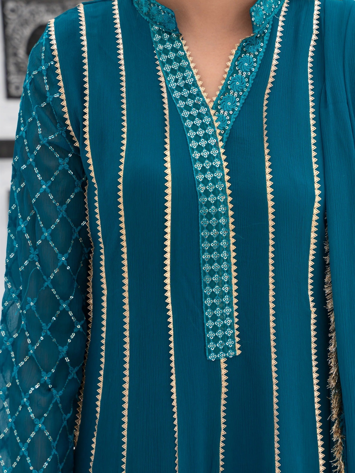 Manahil Arts Chiffon Embroidered Stitched 3-Piece Suit-Kurti 106-Teal