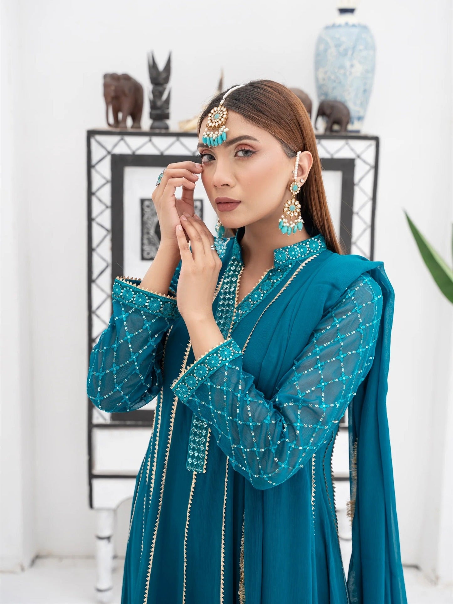 Manahil Arts Chiffon Embroidered Stitched 3-Piece Suit-Kurti 106-Teal