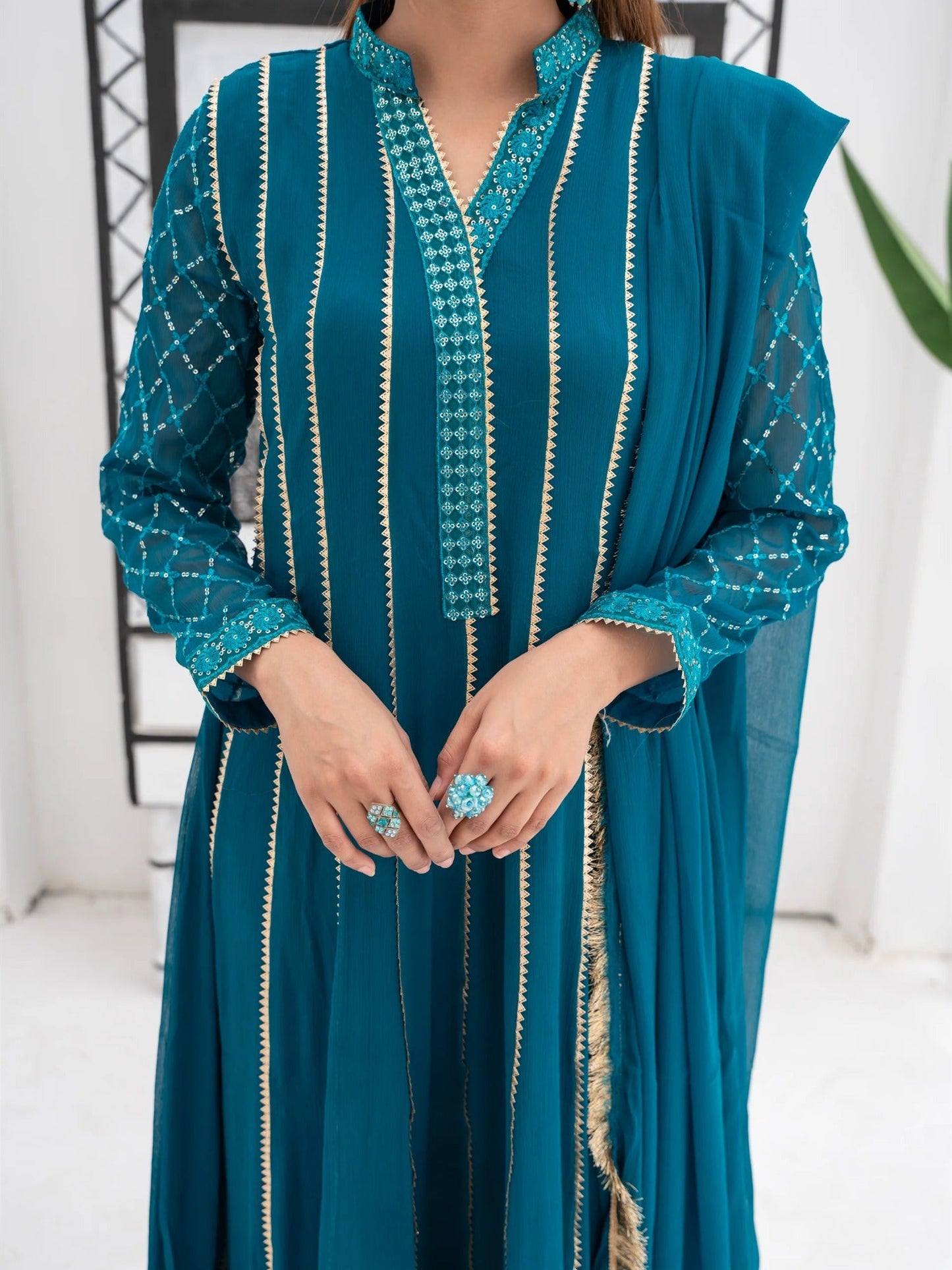 Manahil Arts Chiffon Embroidered Stitched 3-Piece Suit-Kurti 106-Teal