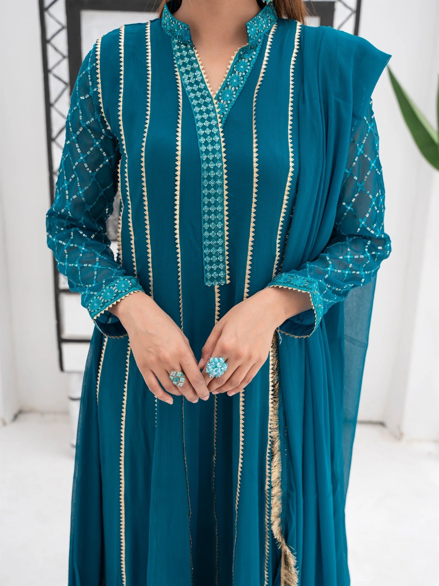 Manahil Arts Chiffon Embroidered Stitched 3-Piece Suit-Kurti 106-Teal
