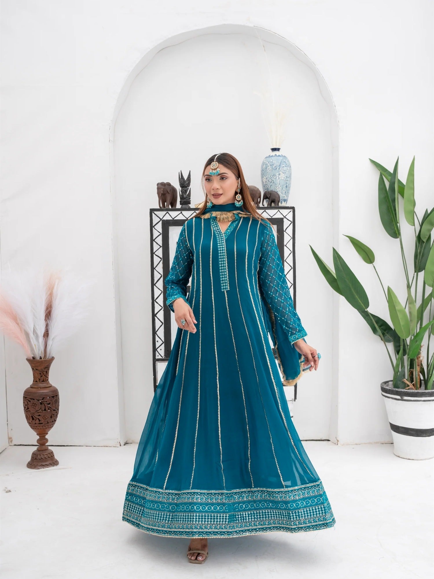 Manahil Arts Chiffon Embroidered Stitched 3-Piece Suit-Kurti 106-Teal
