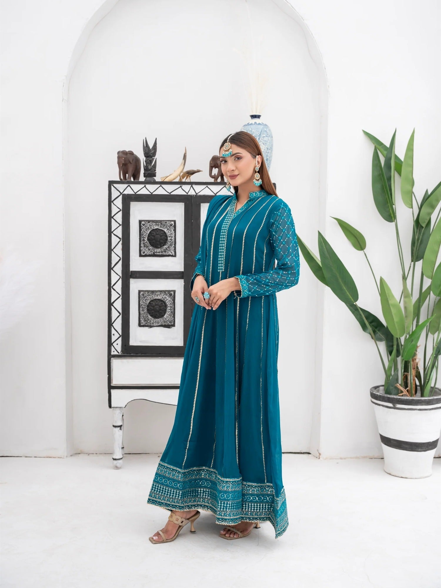 Manahil Arts Chiffon Embroidered Stitched 3-Piece Suit-Kurti 106-Teal