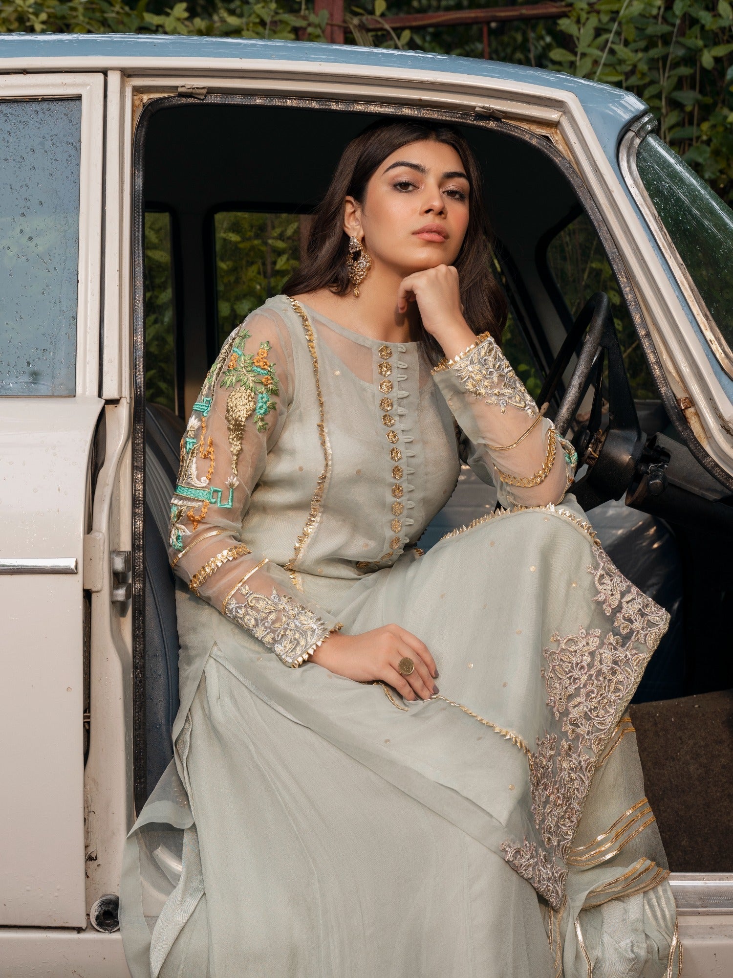Grey-HEM Organza Embroidered Sharara-Lotus Outfit-Grey