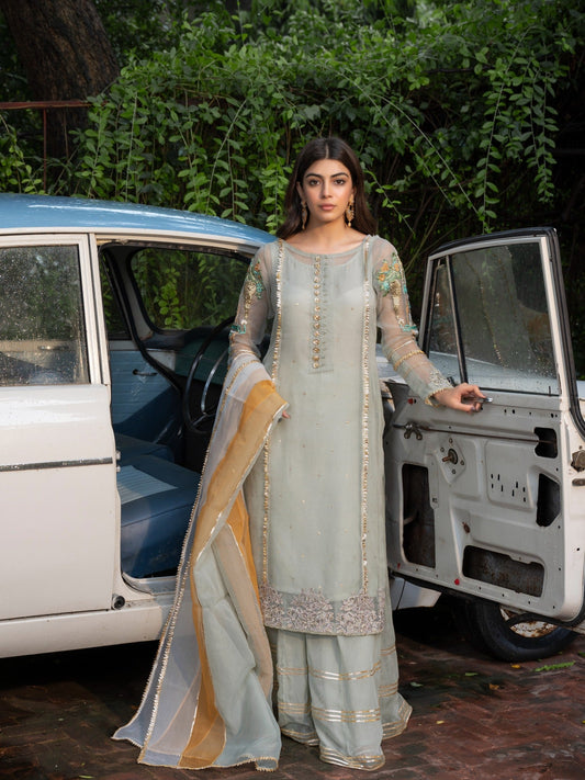 Grey-HEM Organza Embroidered Sharara-Lotus Outfit-Grey