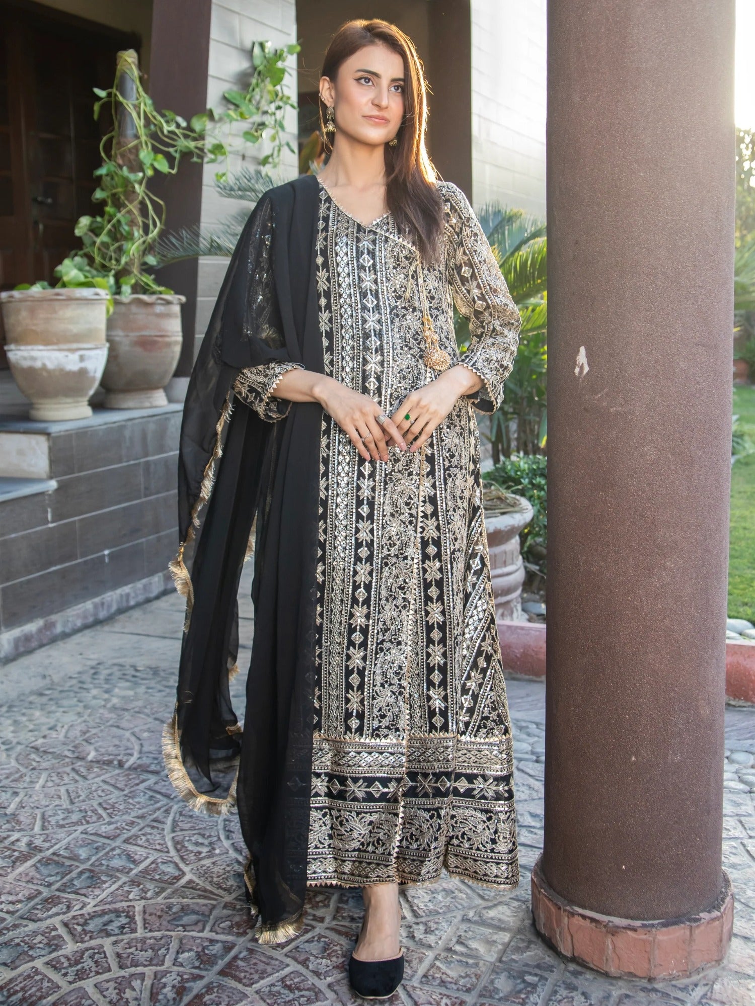 Black Manahil Arts Chiffon Embroidered Stitched 3-Piece Suit-Kurti 122-Black