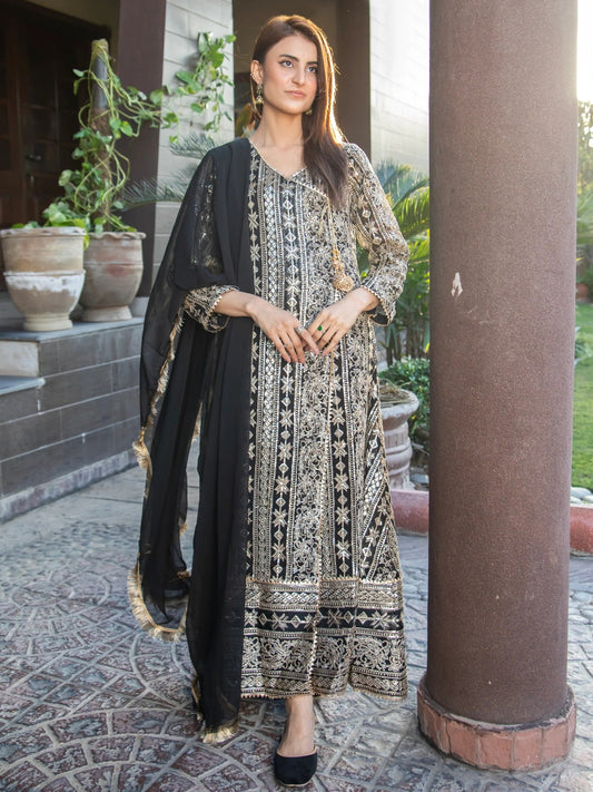 Black Manahil Arts Chiffon Embroidered Stitched 3-Piece Suit-Kurti 122-Black