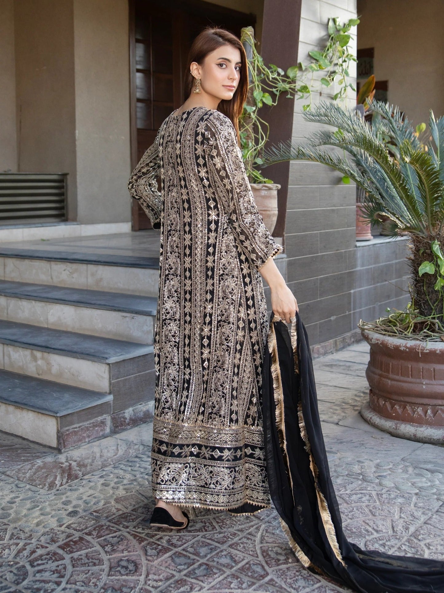 Black Manahil Arts Chiffon Embroidered Stitched 3-Piece Suit-Kurti 122-Black