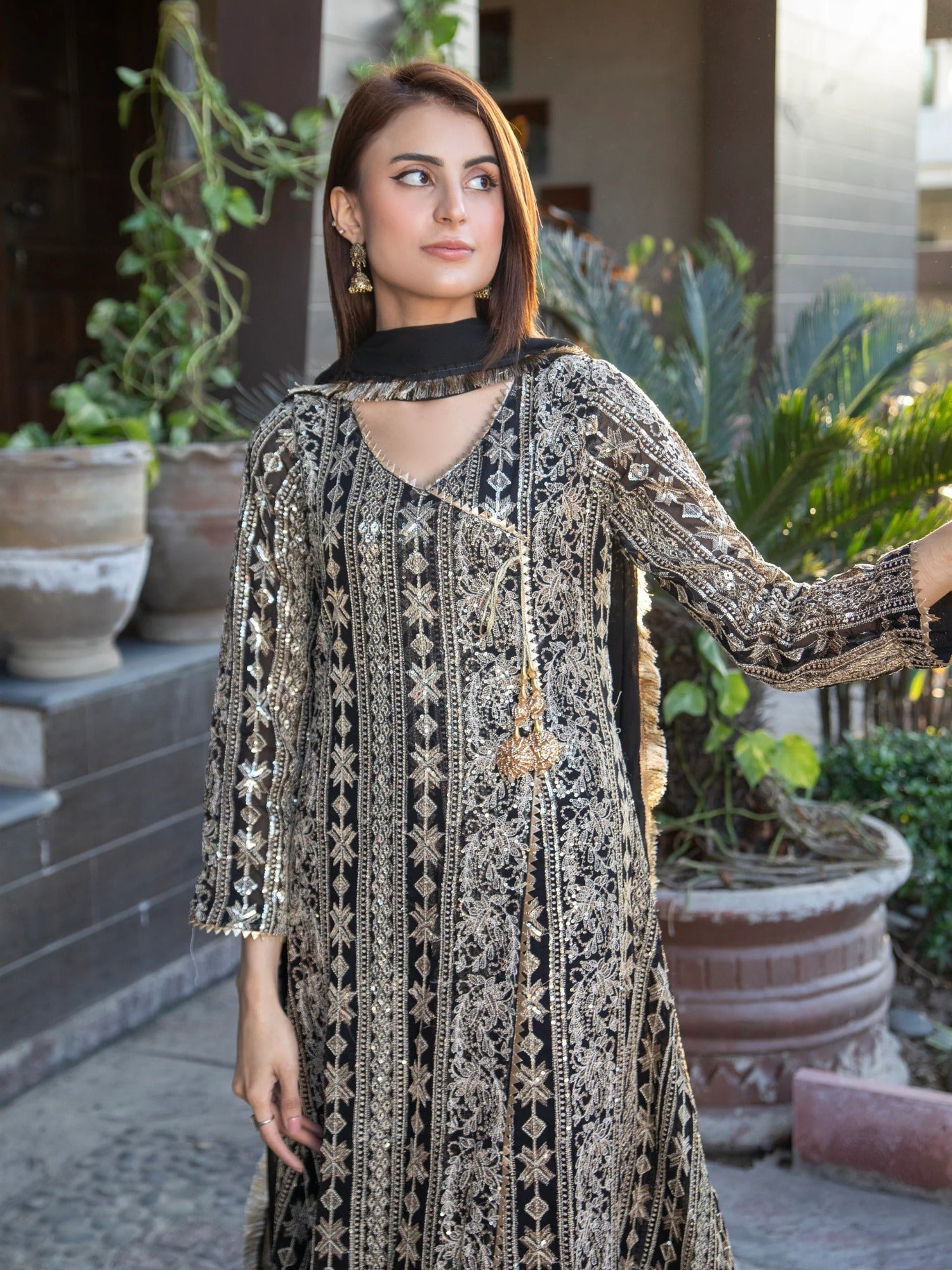 Black Manahil Arts Chiffon Embroidered Stitched 3-Piece Suit-Kurti 122-Black