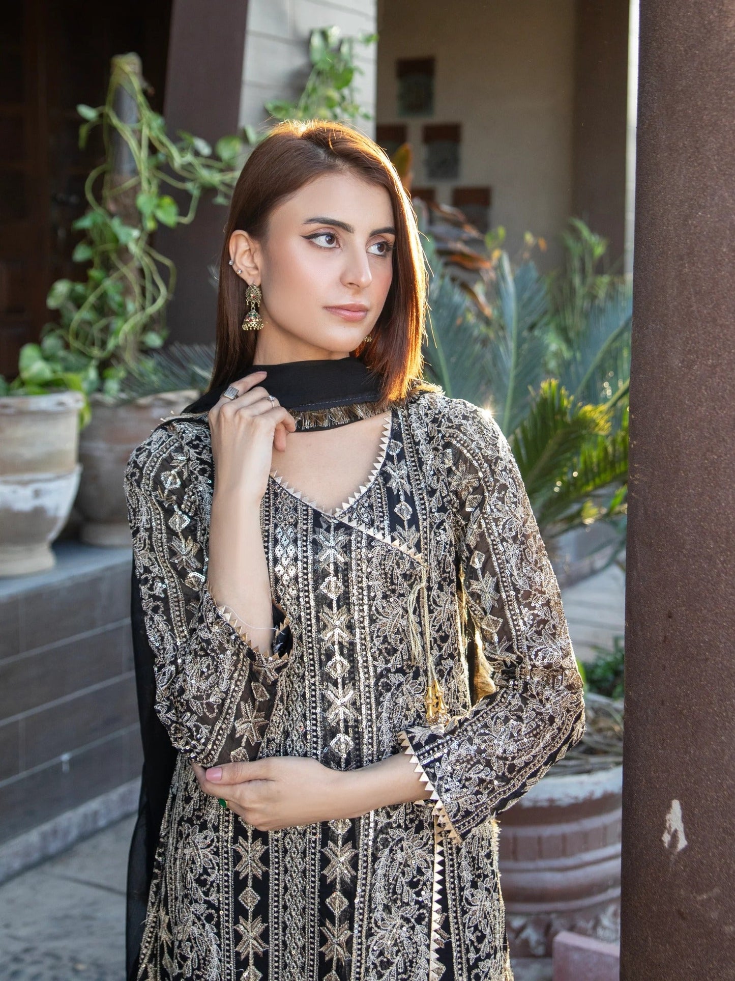 Black Manahil Arts Chiffon Embroidered Stitched 3-Piece Suit-Kurti 122-Black