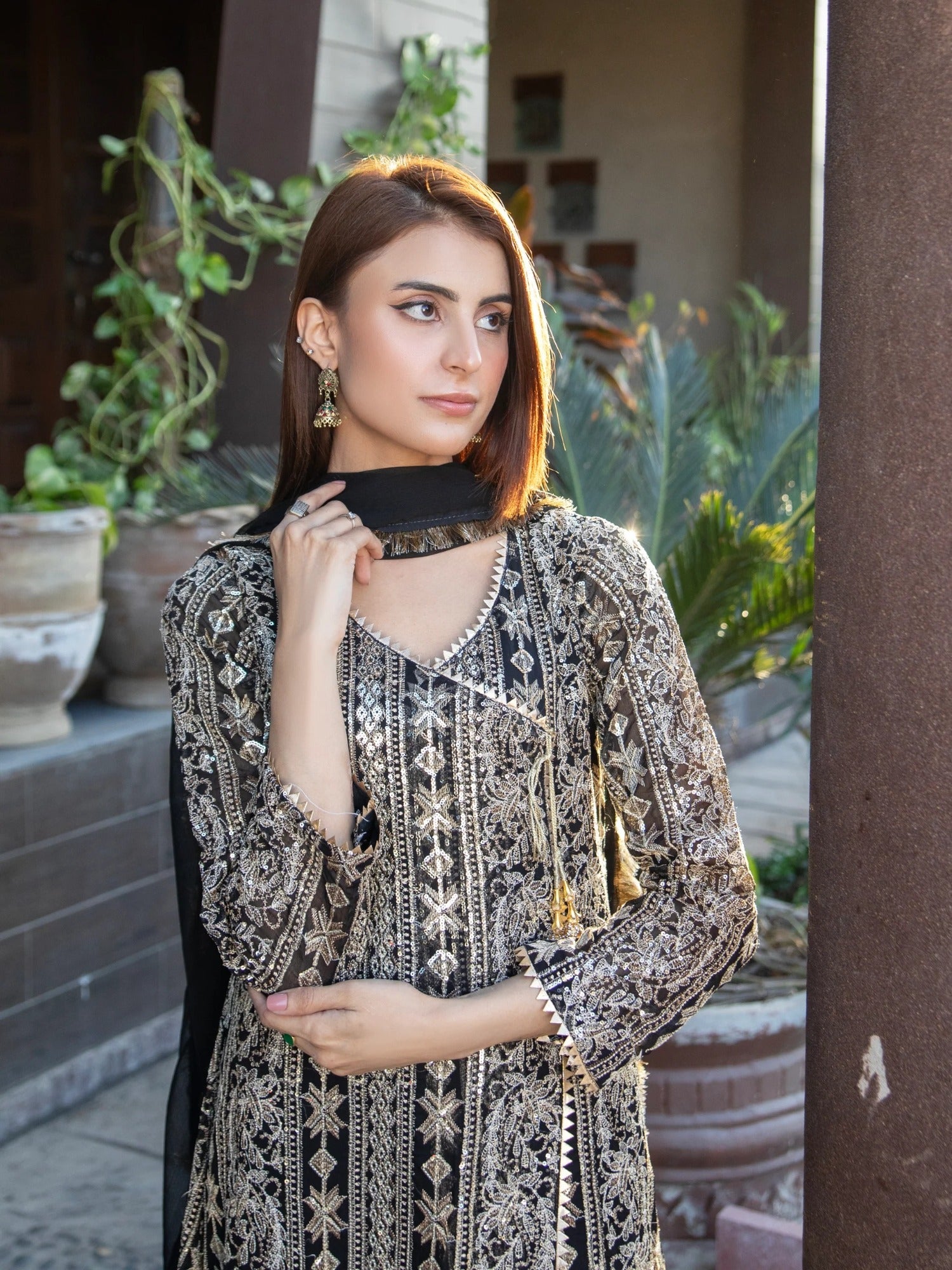 Black Manahil Arts Chiffon Embroidered Stitched 3-Piece Suit-Kurti 122-Black