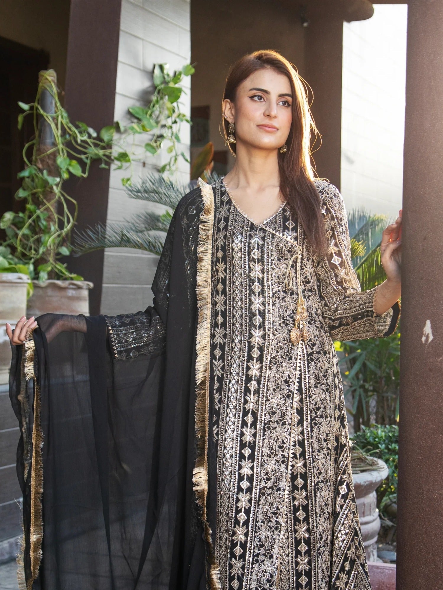 Black Manahil Arts Chiffon Embroidered Stitched 3-Piece Suit-Kurti 122-Black