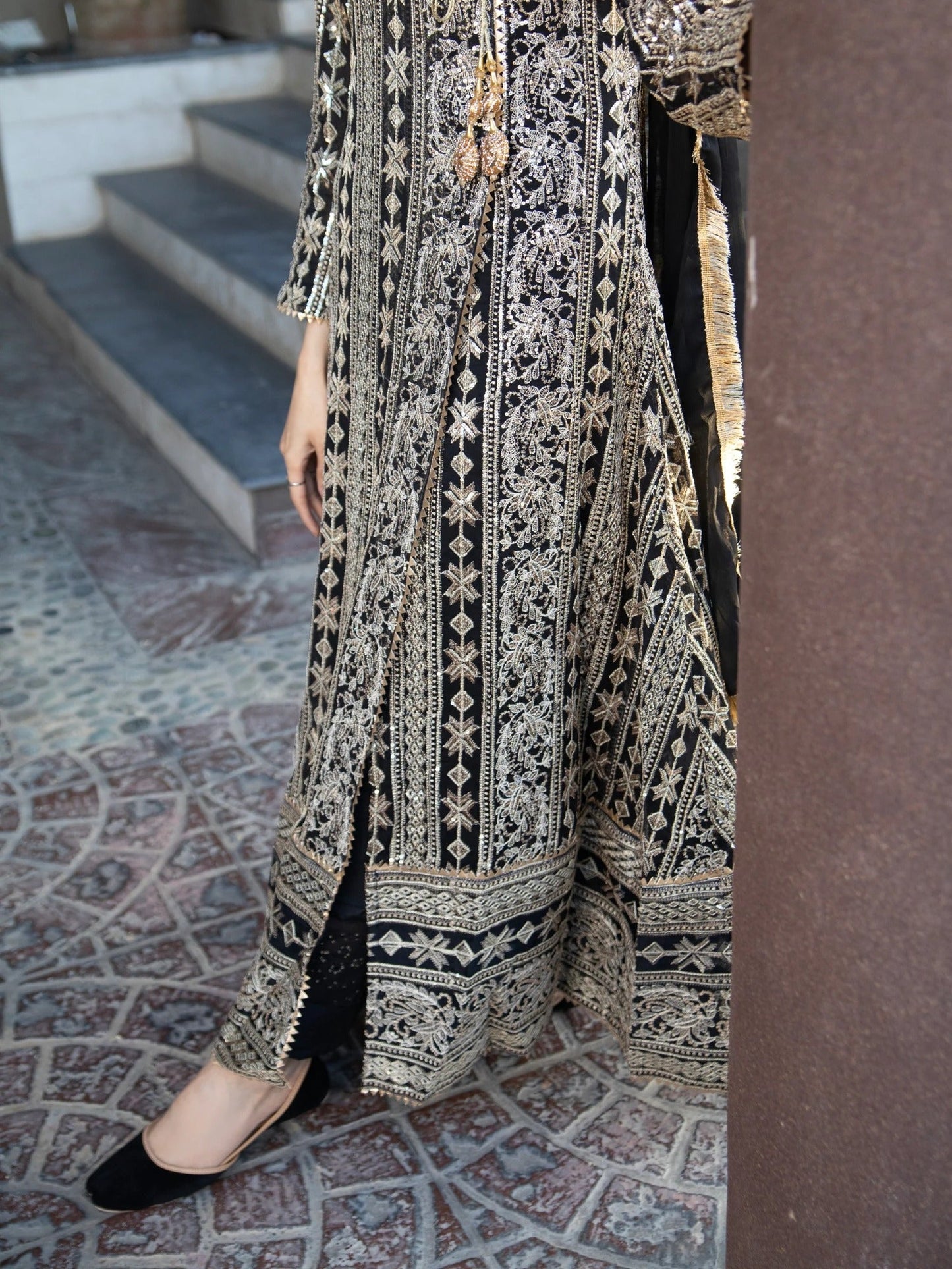 Black Manahil Arts Chiffon Embroidered Stitched 3-Piece Suit-Kurti 122-Black