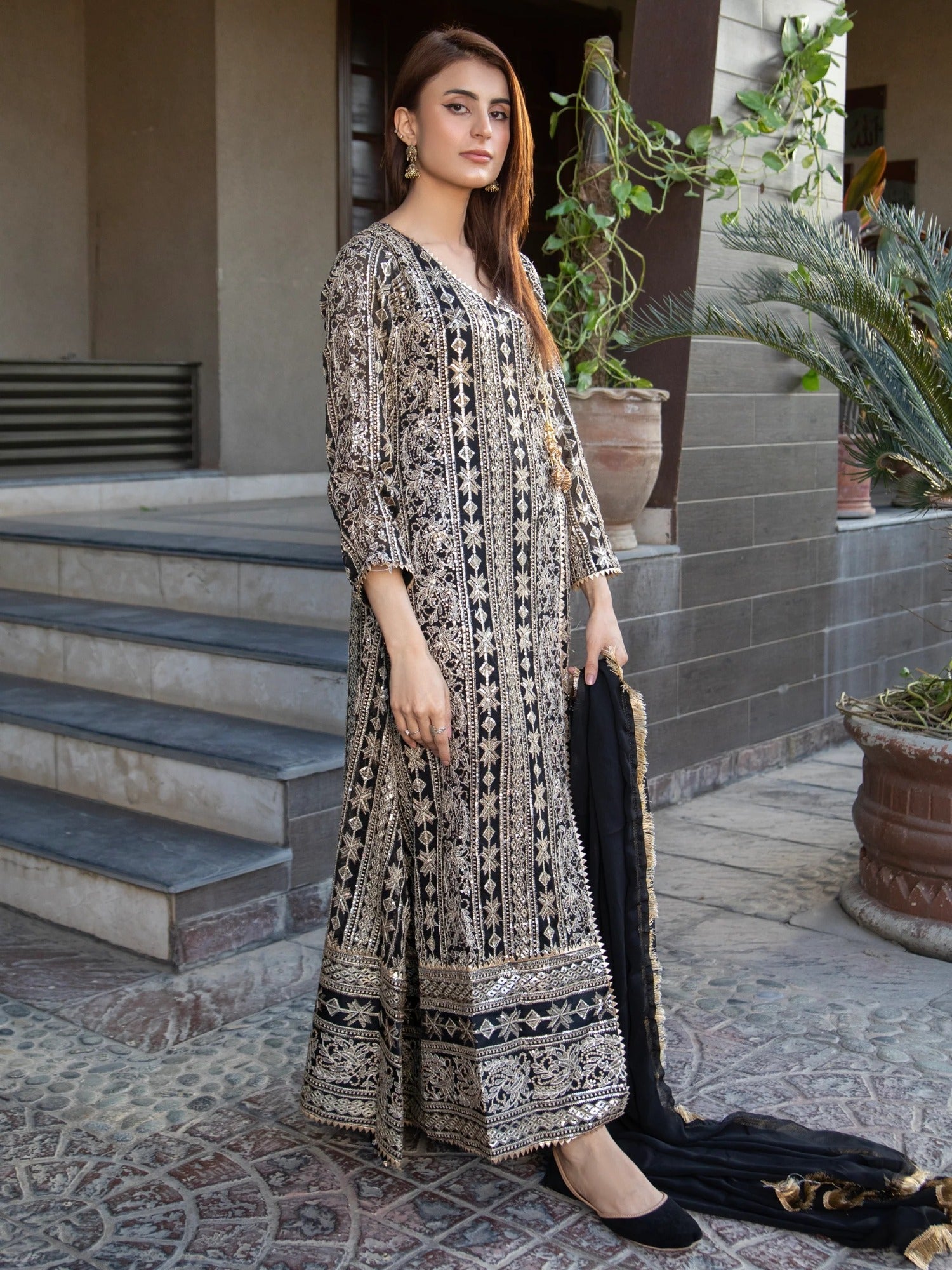 Black Manahil Arts Chiffon Embroidered Stitched 3-Piece Suit-Kurti 122-Black