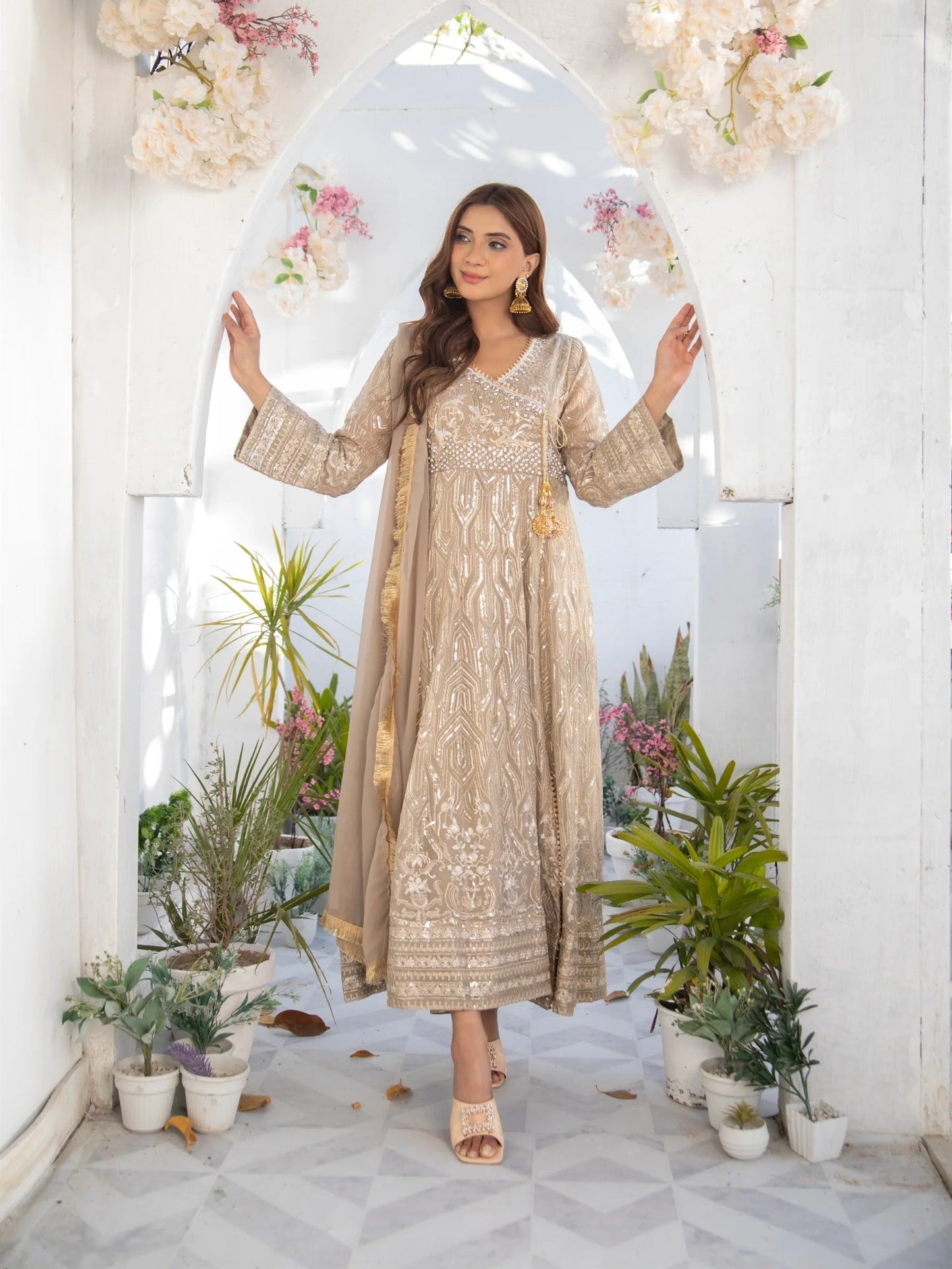 Manahil Arts Chiffon Embroidered Stitched 3-Piece Suit-Kurti 105-Camel Brown