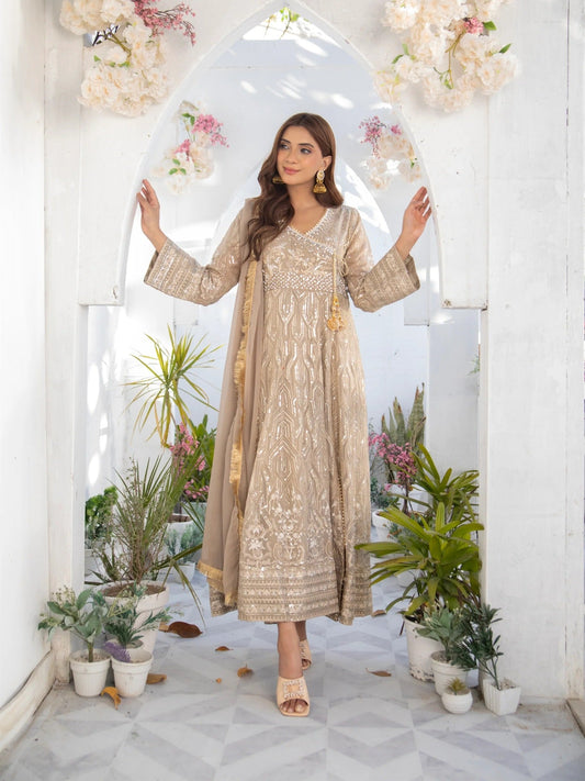 Manahil Arts Chiffon Embroidered Stitched 3-Piece Suit-Kurti 105-Camel Brown