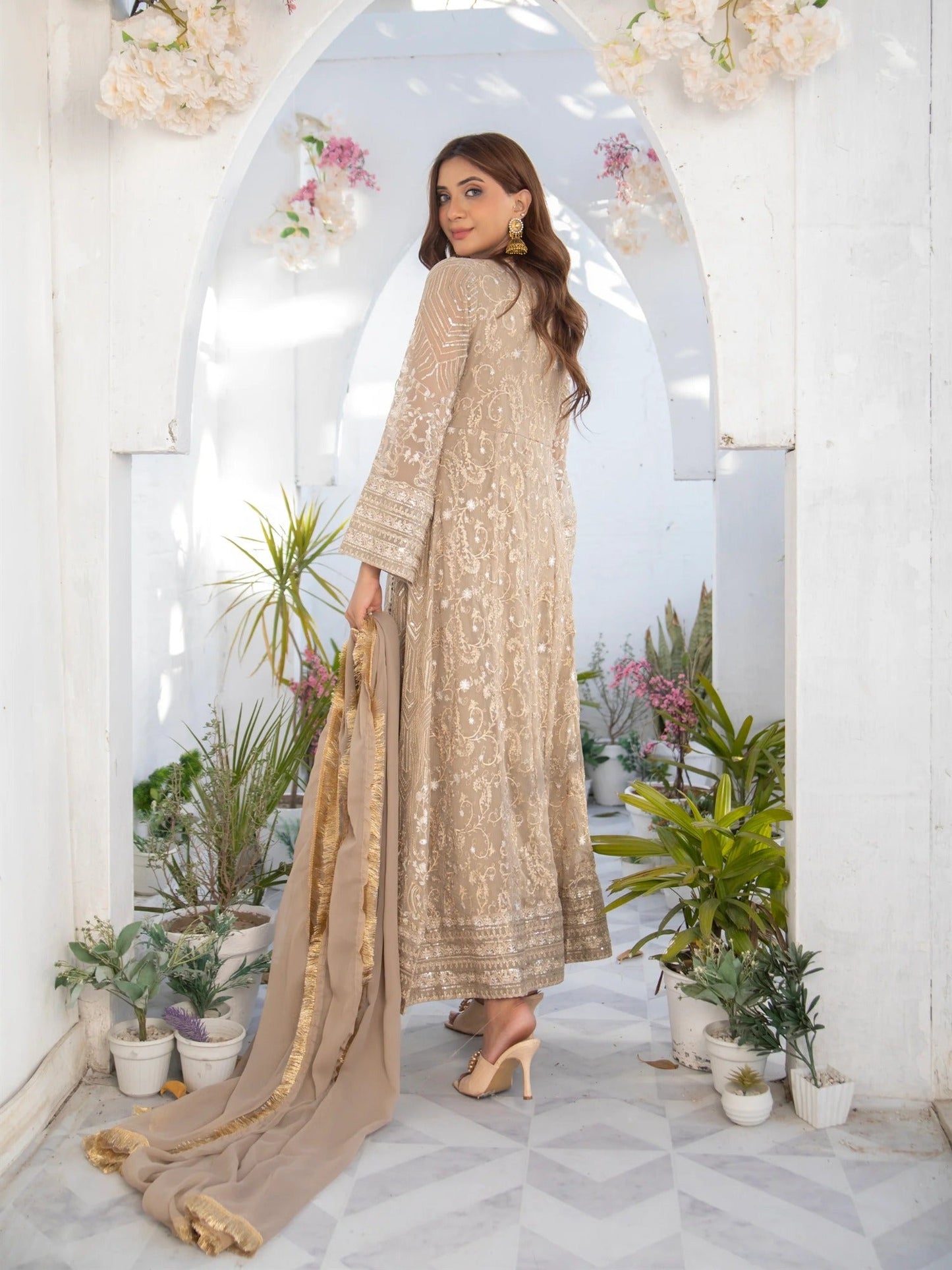 Manahil Arts Chiffon Embroidered Stitched 3-Piece Suit-Kurti 105-Camel Brown
