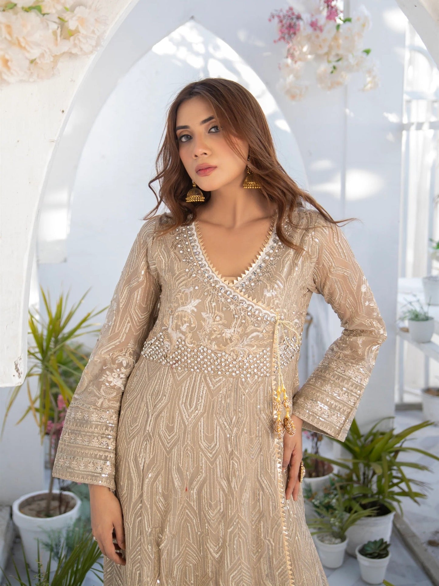 Manahil Arts Chiffon Embroidered Stitched 3-Piece Suit-Kurti 105-Camel Brown