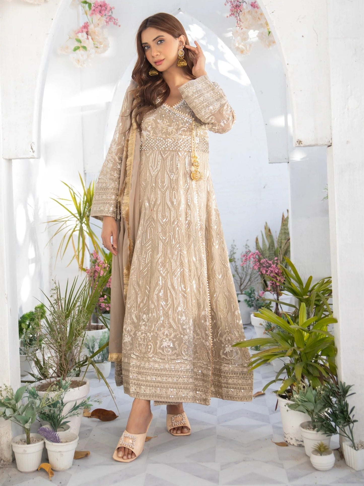 Manahil Arts Chiffon Embroidered Stitched 3-Piece Suit-Kurti 105-Camel Brown