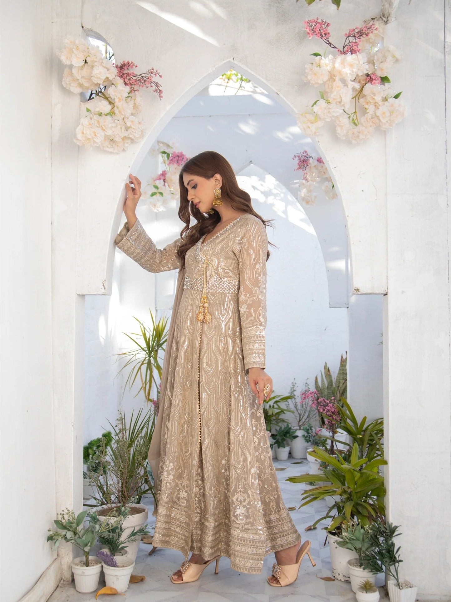 Manahil Arts Chiffon Embroidered Stitched 3-Piece Suit-Kurti 105-Camel Brown
