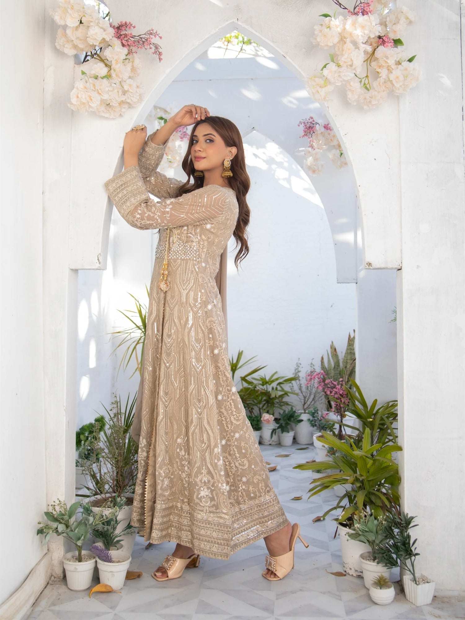 Manahil Arts Chiffon Embroidered Stitched 3-Piece Suit-Kurti 105-Camel Brown