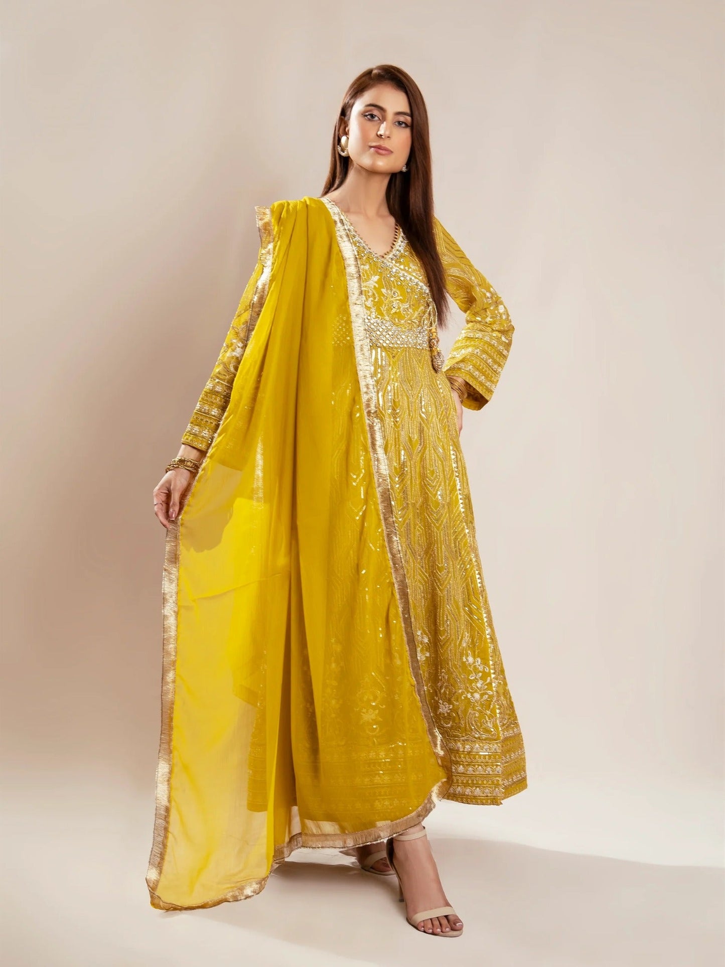 Manahil Arts Chiffon Embroidered Stitched 3-Piece Suit-Kurti 105-Mustard