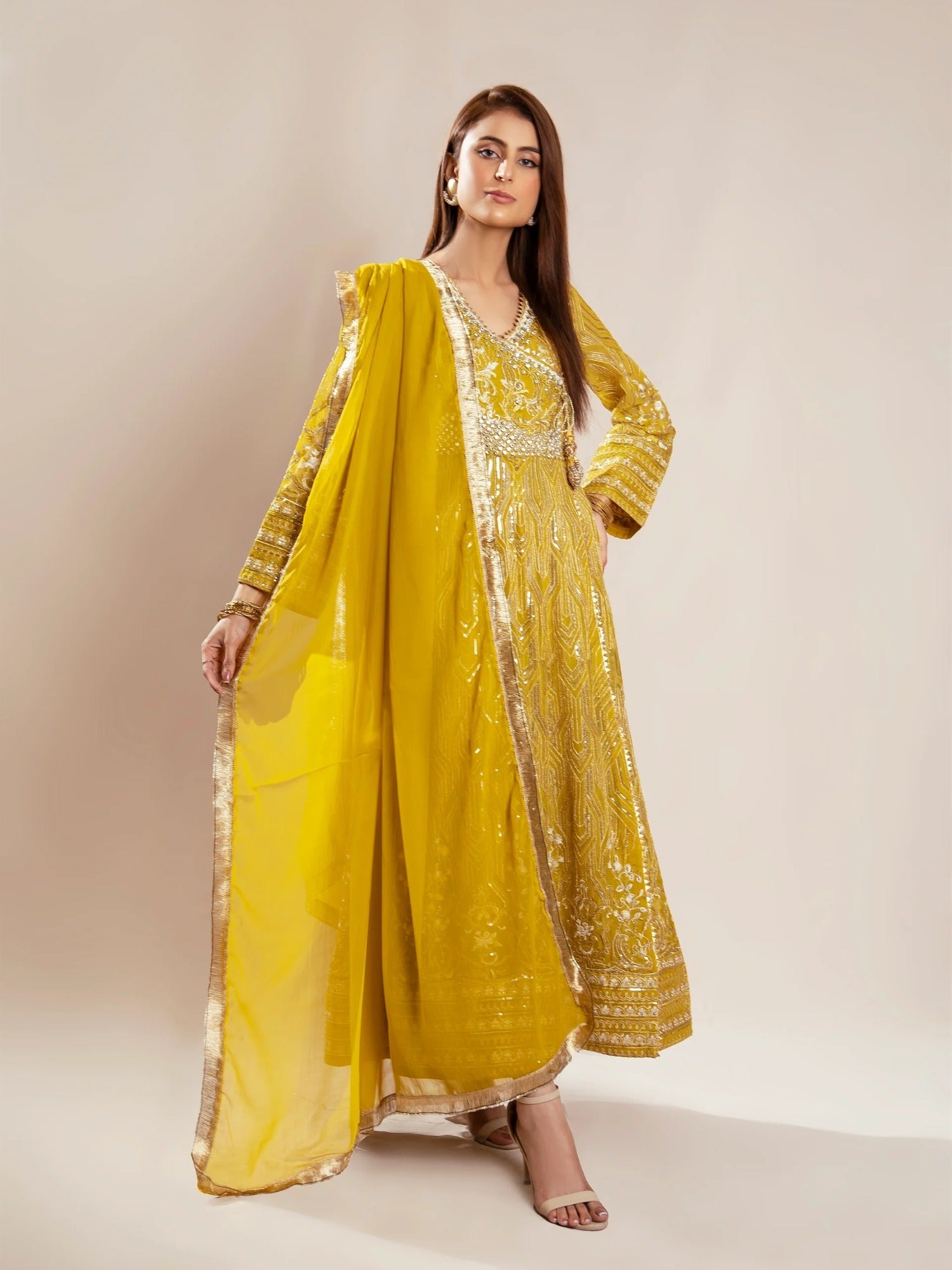 Manahil Arts Chiffon Embroidered Stitched 3-Piece Suit-Kurti 105-Mustard