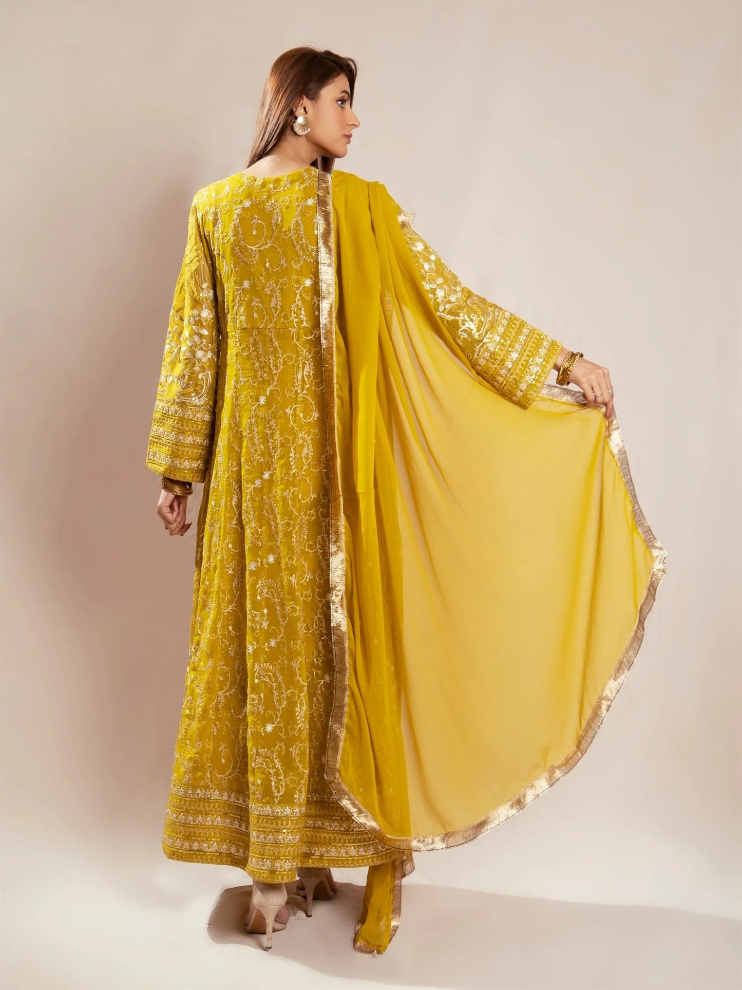 Manahil Arts Chiffon Embroidered Stitched 3-Piece Suit-Kurti 105-Mustard