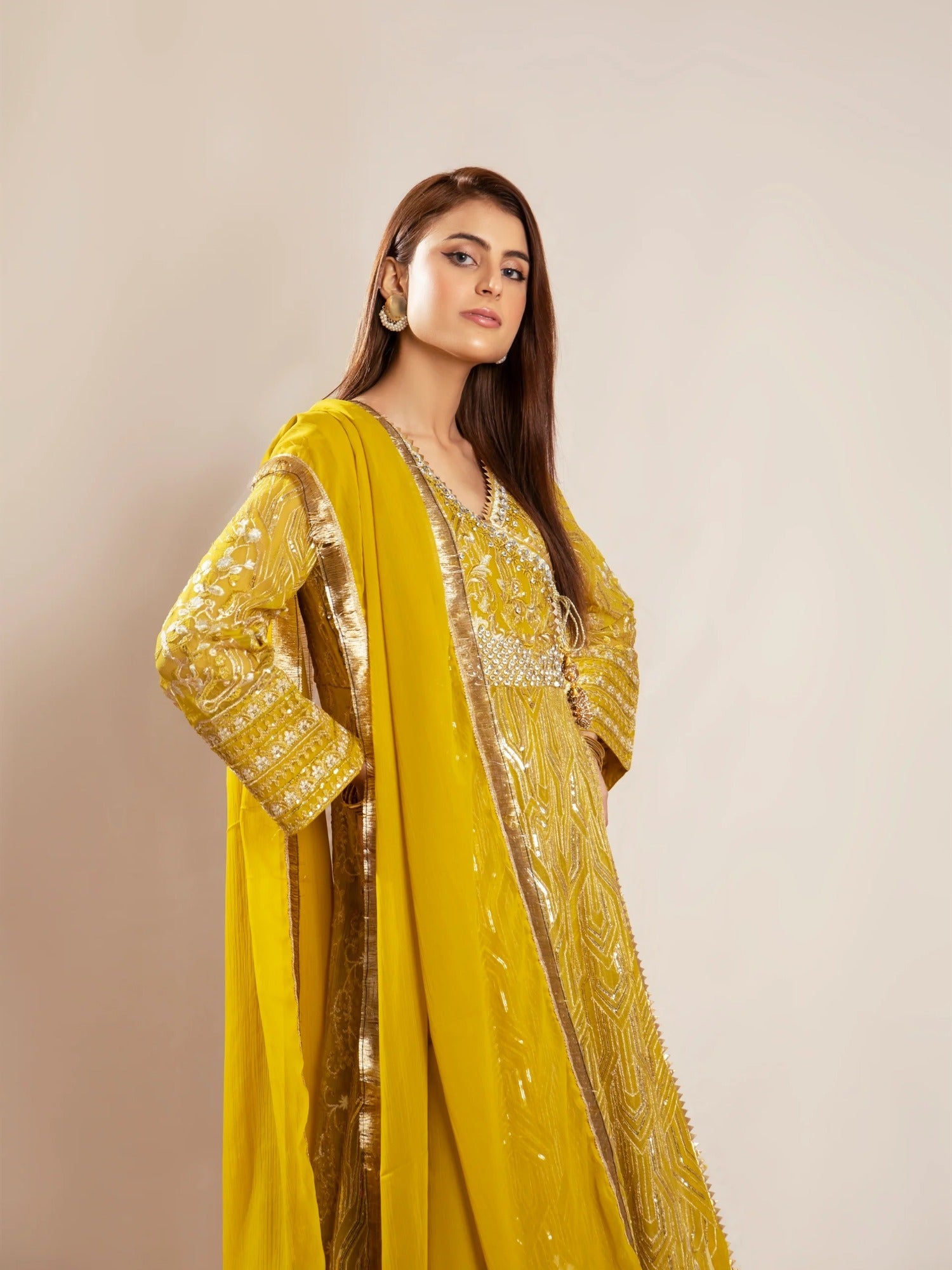 Manahil Arts Chiffon Embroidered Stitched 3-Piece Suit-Kurti 105-Mustard