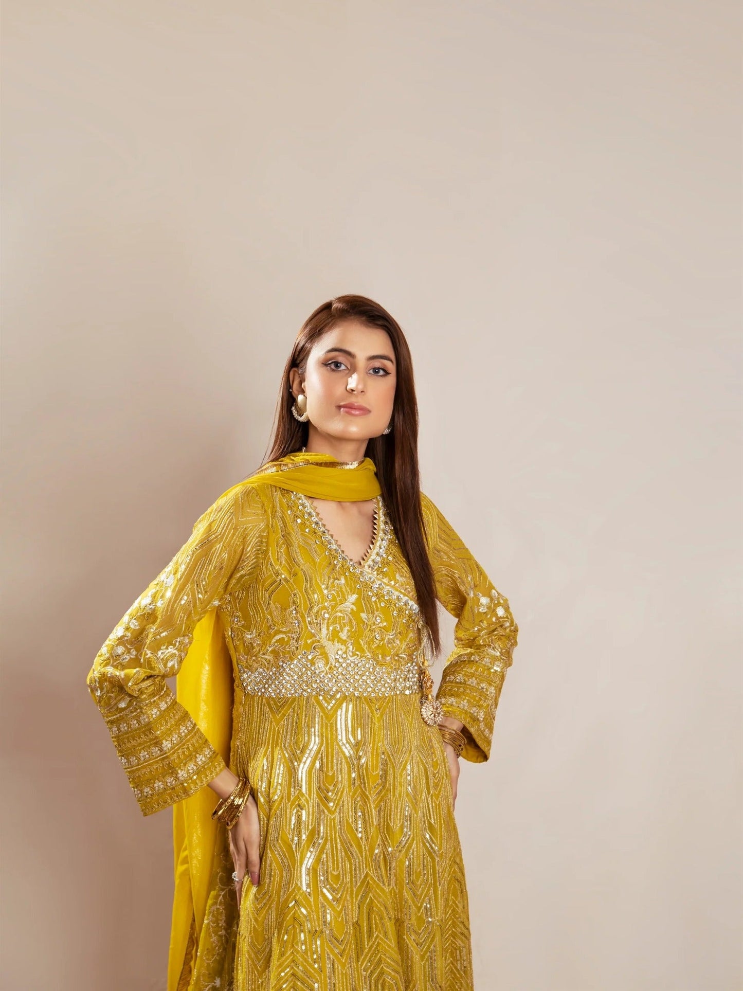 Manahil Arts Chiffon Embroidered Stitched 3-Piece Suit-Kurti 105-Mustard