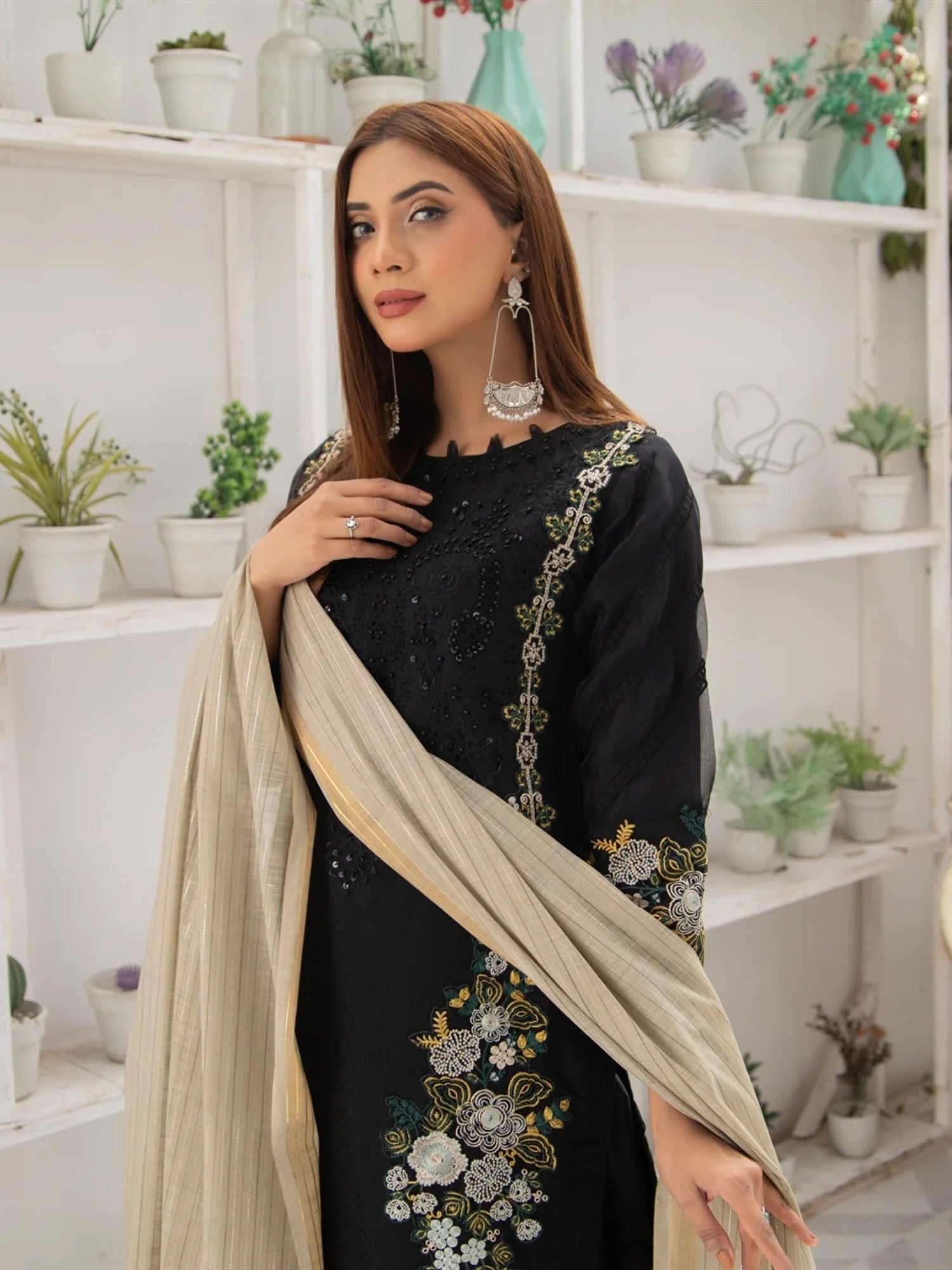 Black Manahil Arts Organza Embellished Stitched 3-Piece Suit-MN-05