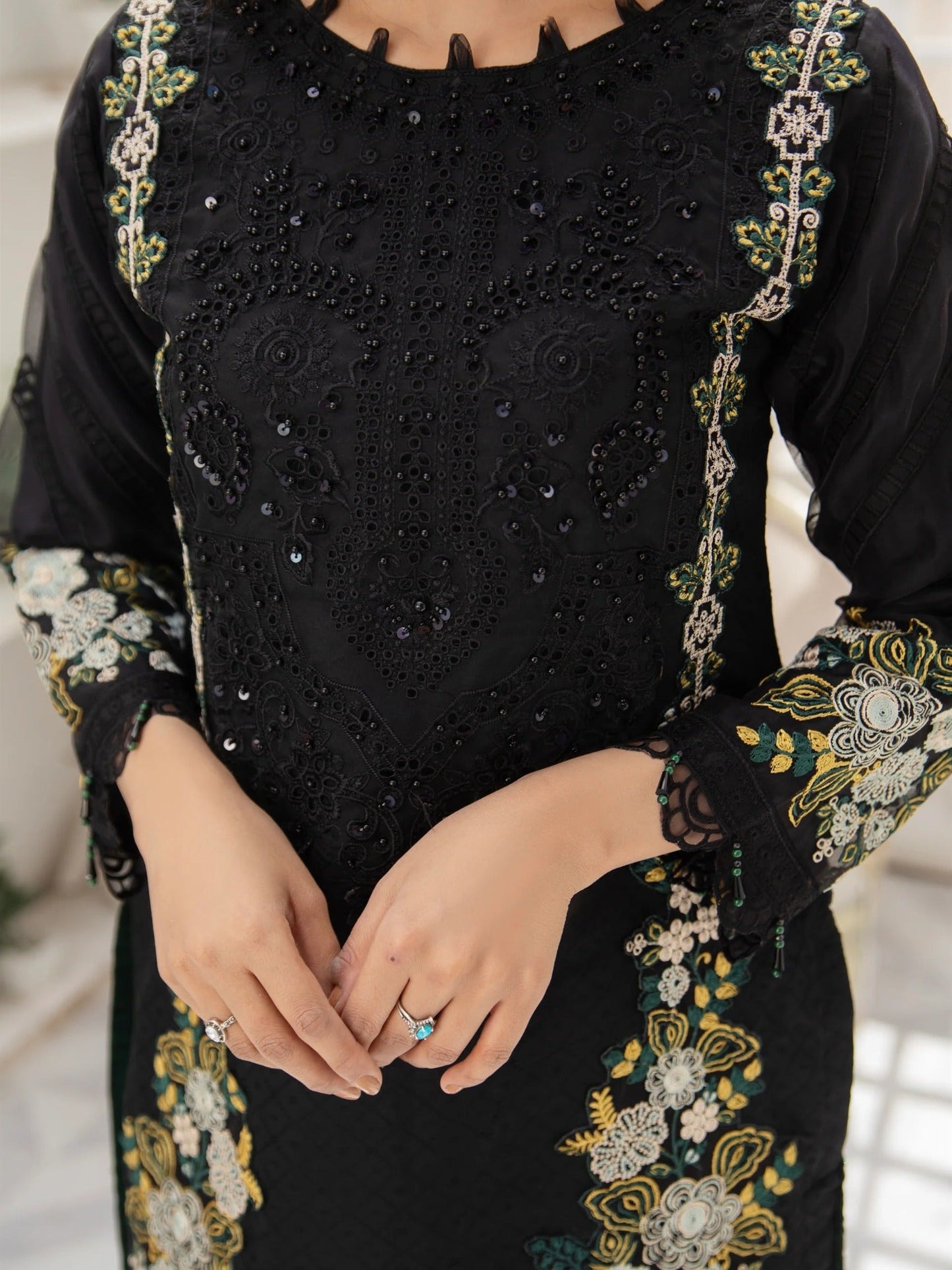 Black Manahil Arts Organza Embellished Stitched 3-Piece Suit-MN-05