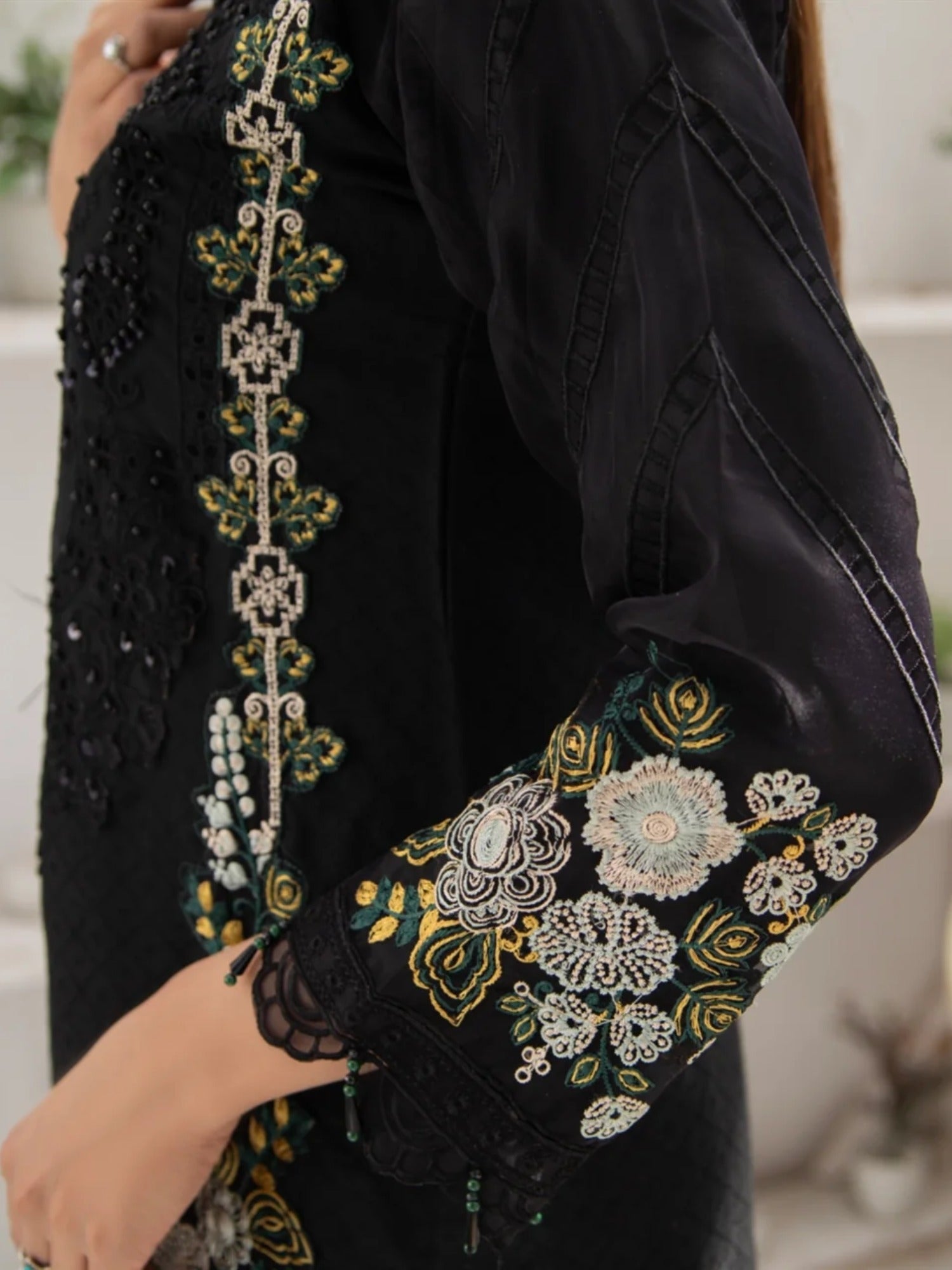 Black Manahil Arts Organza Embellished Stitched 3-Piece Suit-MN-05