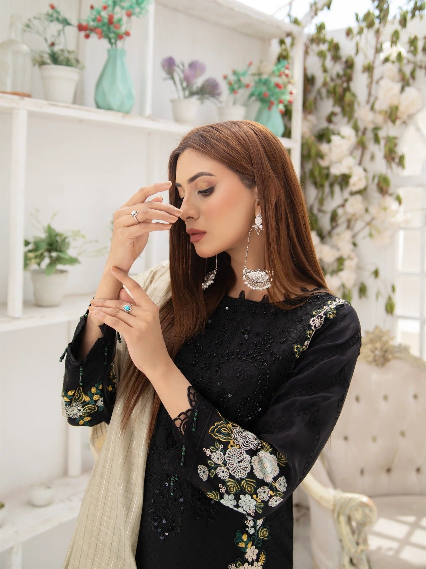 Black Manahil Arts Organza Embellished Stitched 3-Piece Suit-MN-05