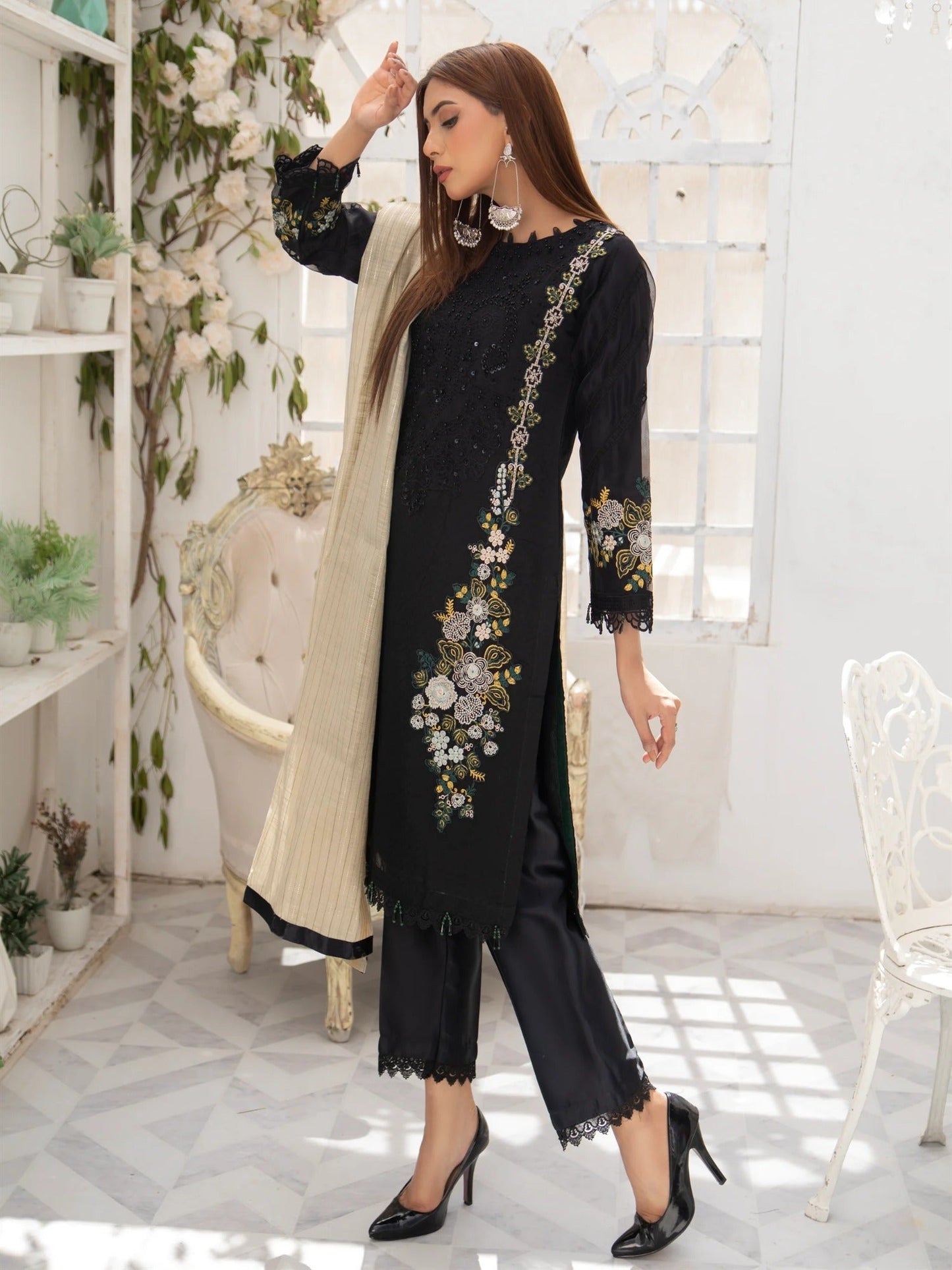Black Manahil Arts Organza Embellished Stitched 3-Piece Suit-MN-05