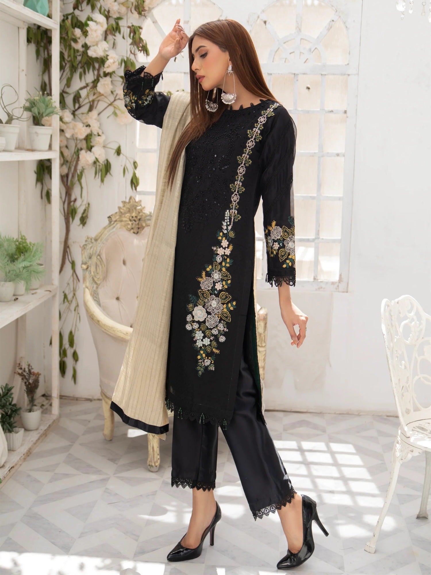 Black Manahil Arts Organza Embellished Stitched 3-Piece Suit-MN-05