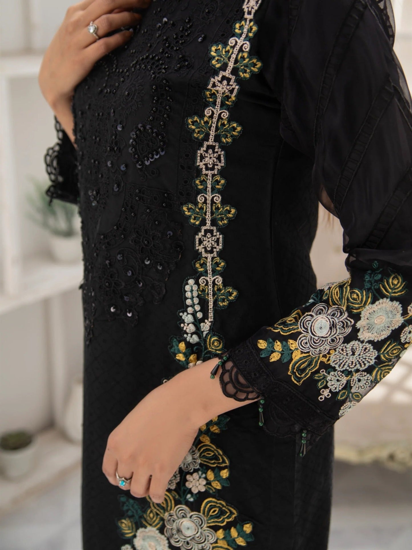 Black Manahil Arts Organza Embellished Stitched 3-Piece Suit-MN-05