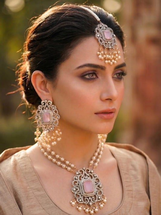 Orya Jewellery Zircon Pearl Maang Necklace Earrings Set-Pink S16