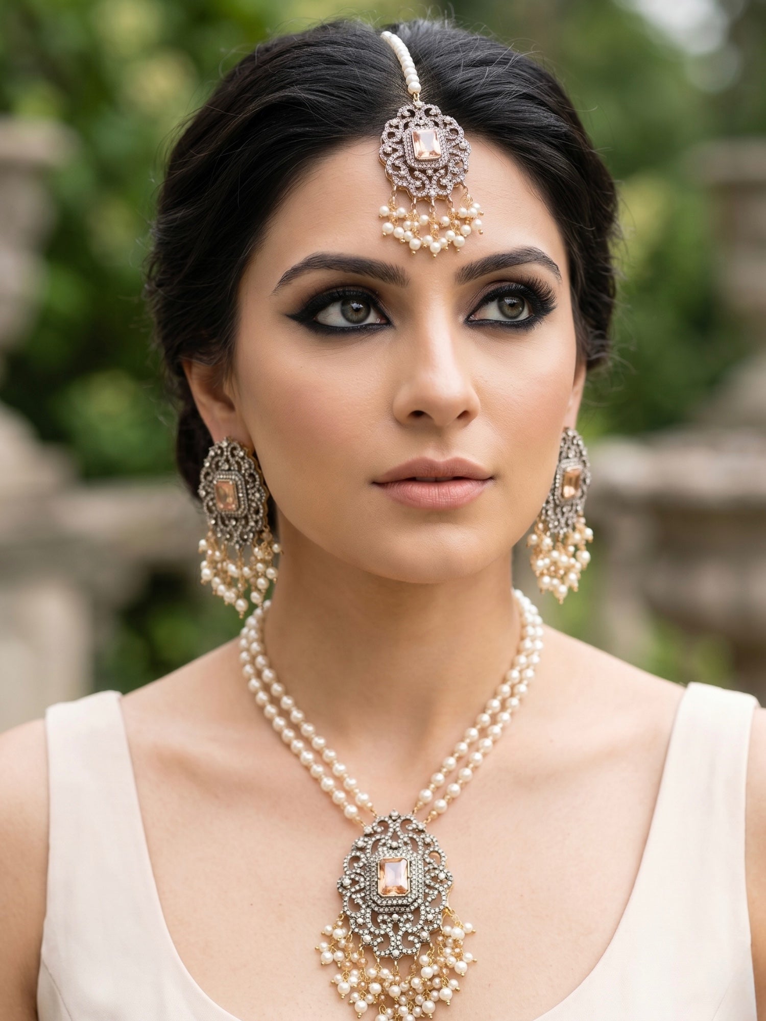 Orya Jewellery Zircon Pearl Maang Necklace Earrings Set-Champagne S15