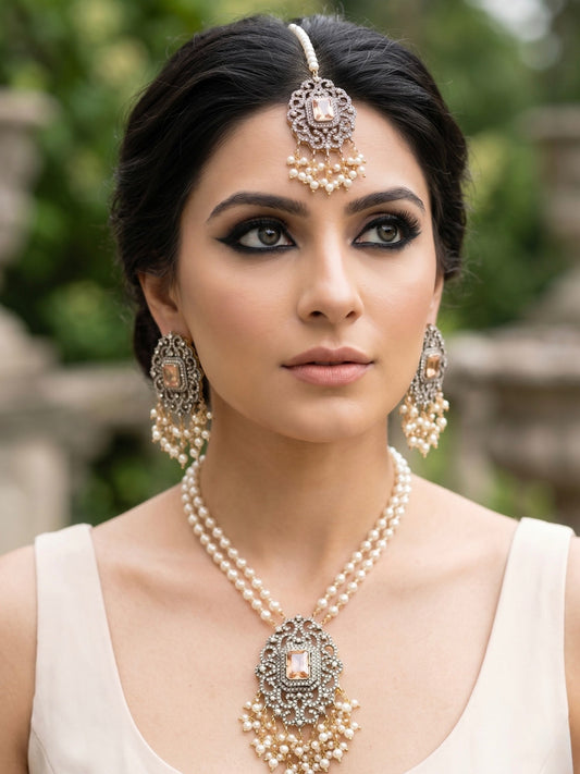Orya Jewellery Zircon Pearl Maang Necklace Earrings Set-Champagne S15
