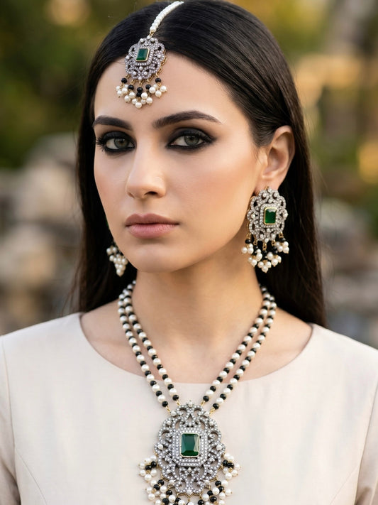 Orya Jewellery Zircon Pearl Maang Necklace Earrings Set-Emerald Green S13