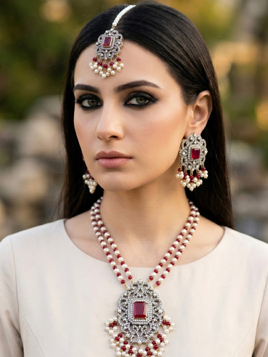 Orya Jewellery Red Pearl Maang Necklace Earrings Set-Ruby Red S14