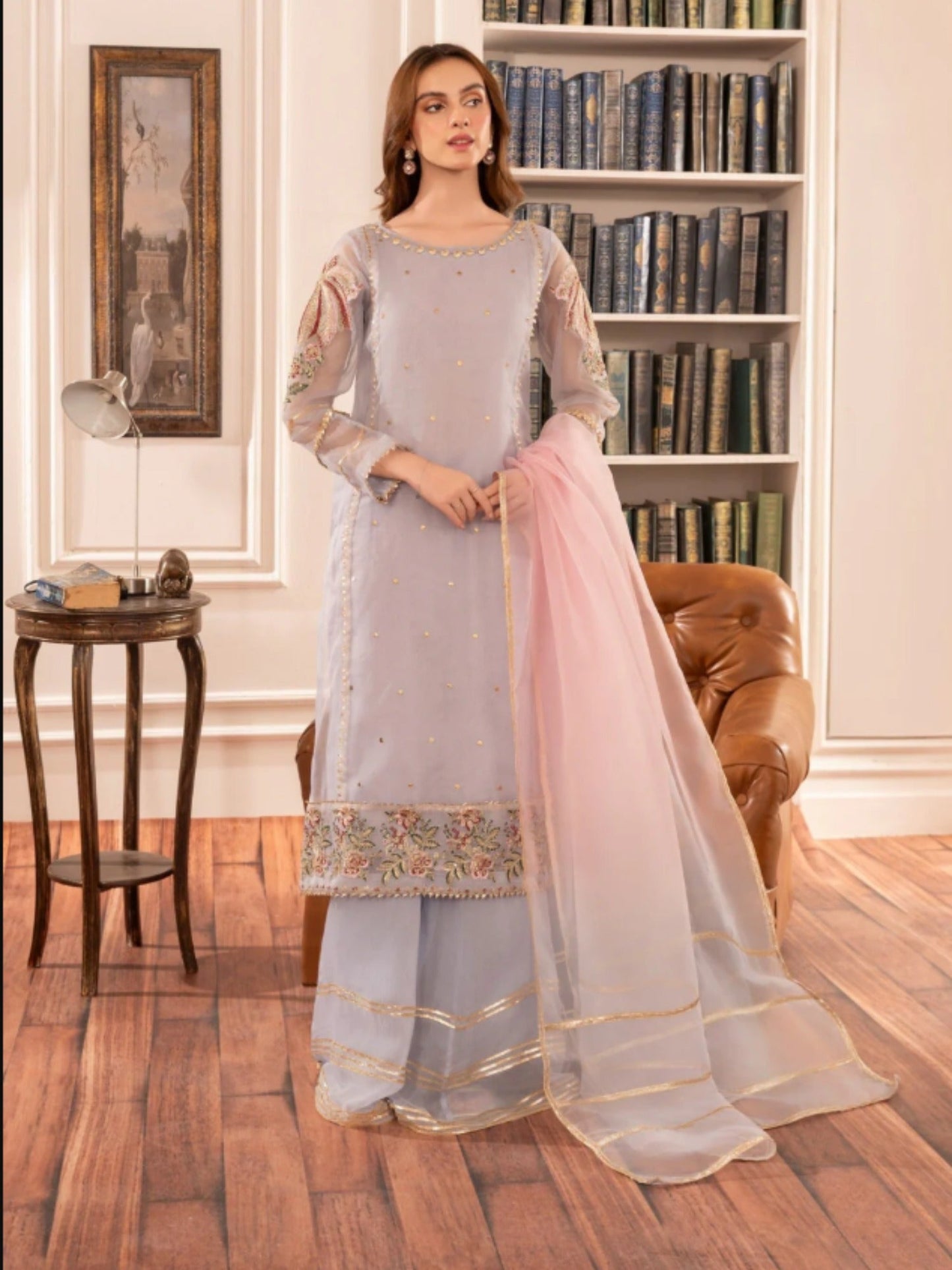 Lilac-HEM Organza Embroidered Stitched 4-Piece Suit-Zara