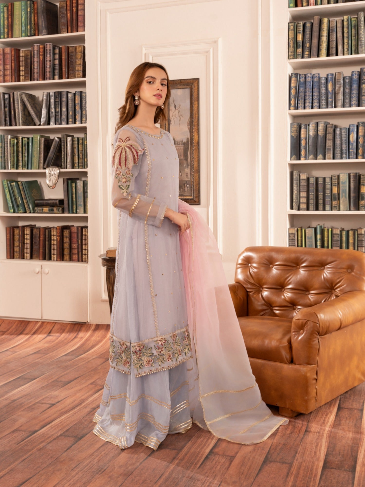 Lilac-HEM Organza Embroidered Stitched 4-Piece Suit-Zara