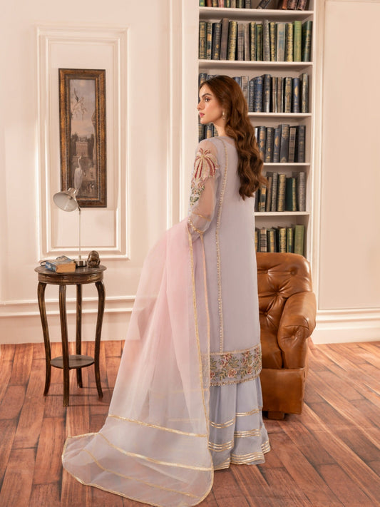 Lilac-HEM Organza Embroidered Stitched 4-Piece Suit-Zara